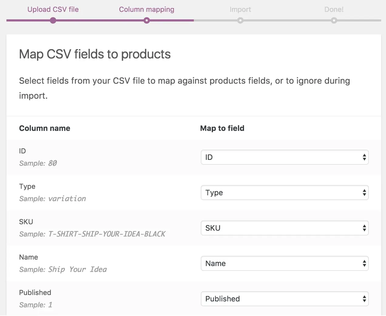 CSV 파일의 매핑 필드