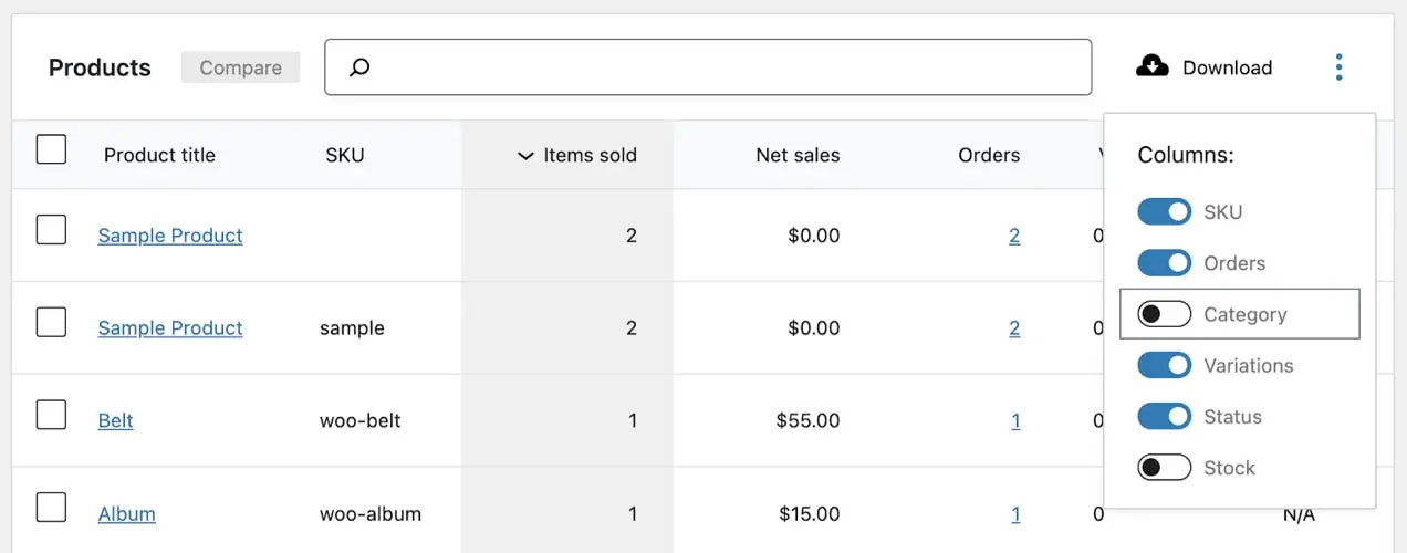 ตัวกรองใน WooCommerce Analytics