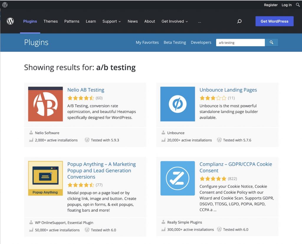 Поиск плагинов для A/B-тестирования в каталоге плагинов WordPress