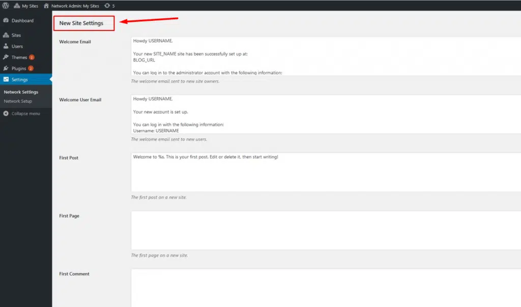 WordPress multisite New site settings