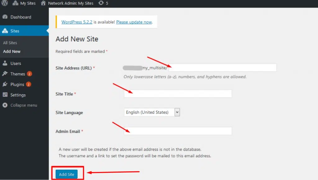 Add site URL in WordPress multisite