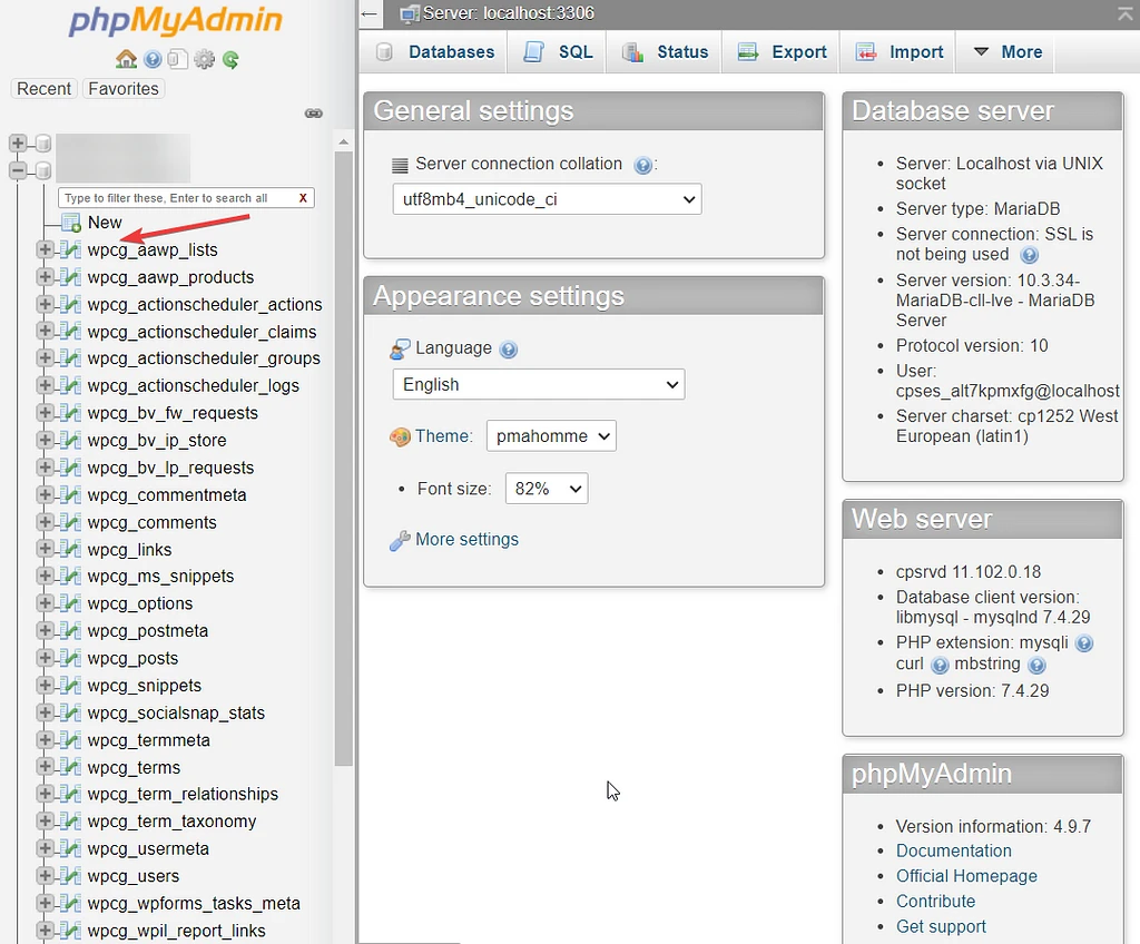 awalan basis data di phpmyadmin