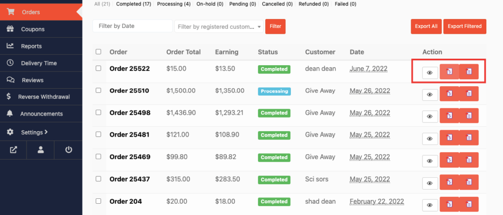 dashboard del fornitore