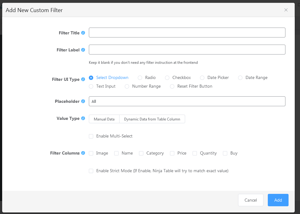 ajouter une option de filtre personnalisé dans les tables ninja