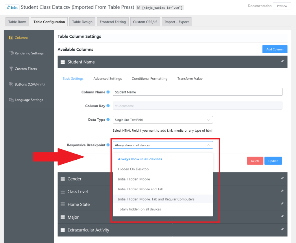 tabelas de produtos de detalhamento responsivos