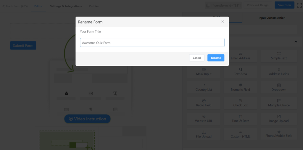 Renommer le formulaire de quiz - Fluent Forms