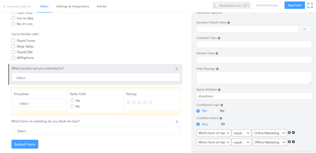 Lógica condicional en formulario de prueba - Fluent Forms