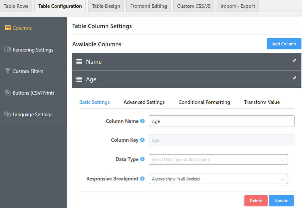 configurazione di un plug-in di tabella