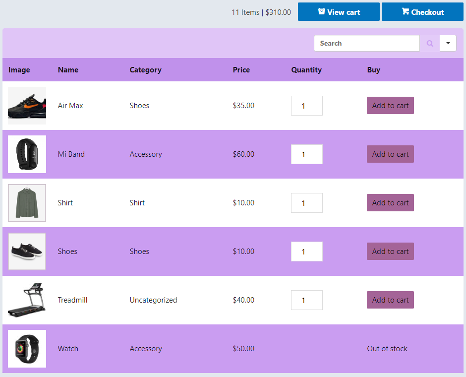 Tablas de productos de WooCommerce en línea