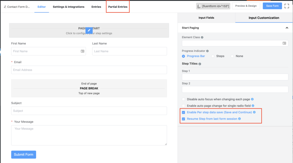 Entradas parciales para Step Form - Fluent Forms