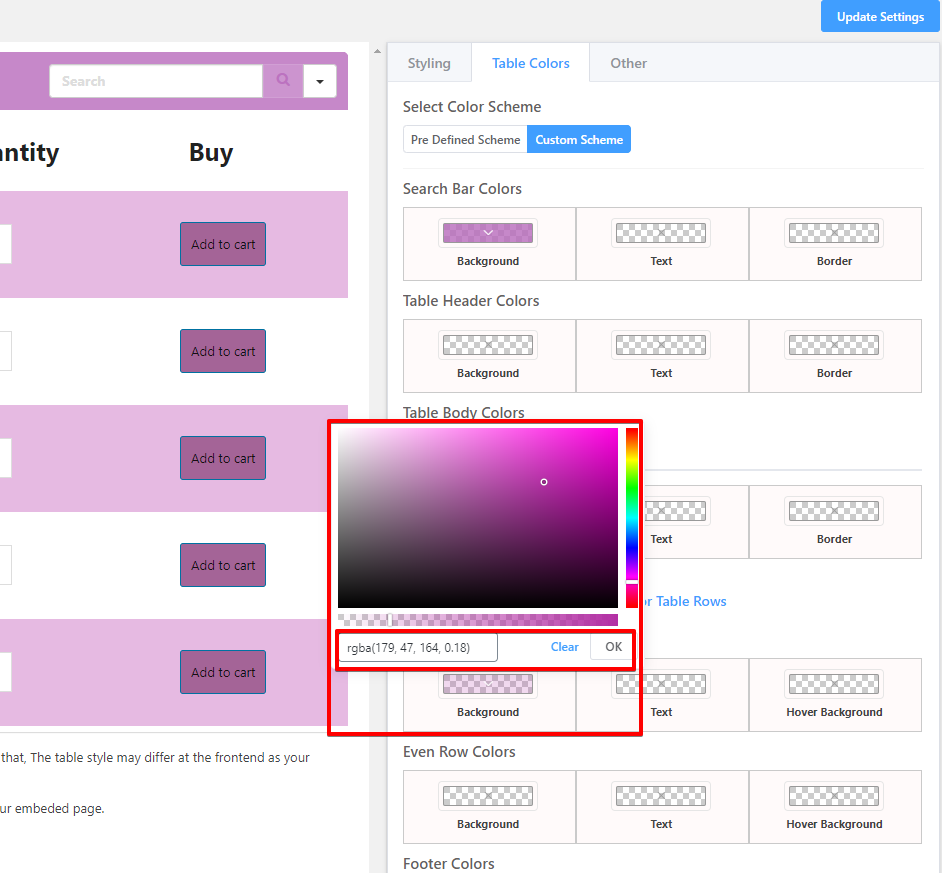 Farbanpassung Online-Produkttabelle