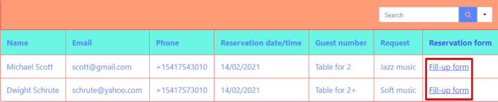 completați formularele din tabelul de date