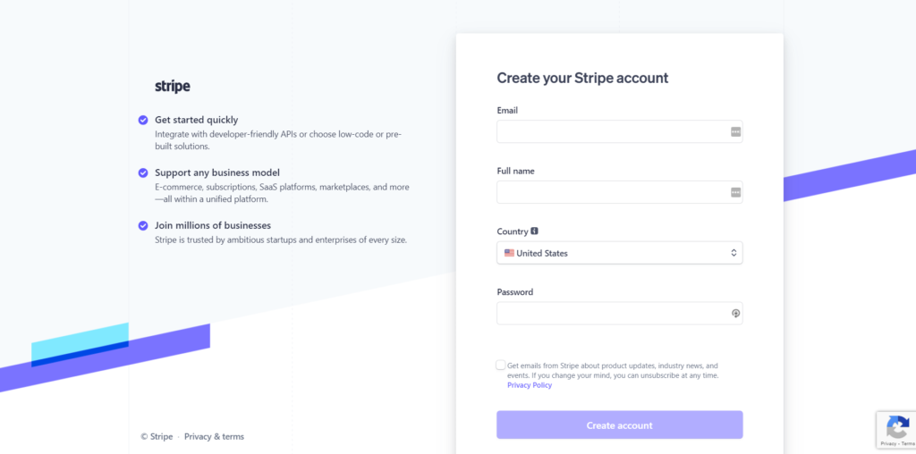 Registrati per un account Stripe