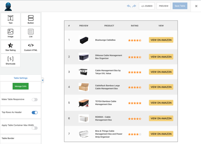 tabla de comparación de wp table builder, tabla de comparación de wordpress