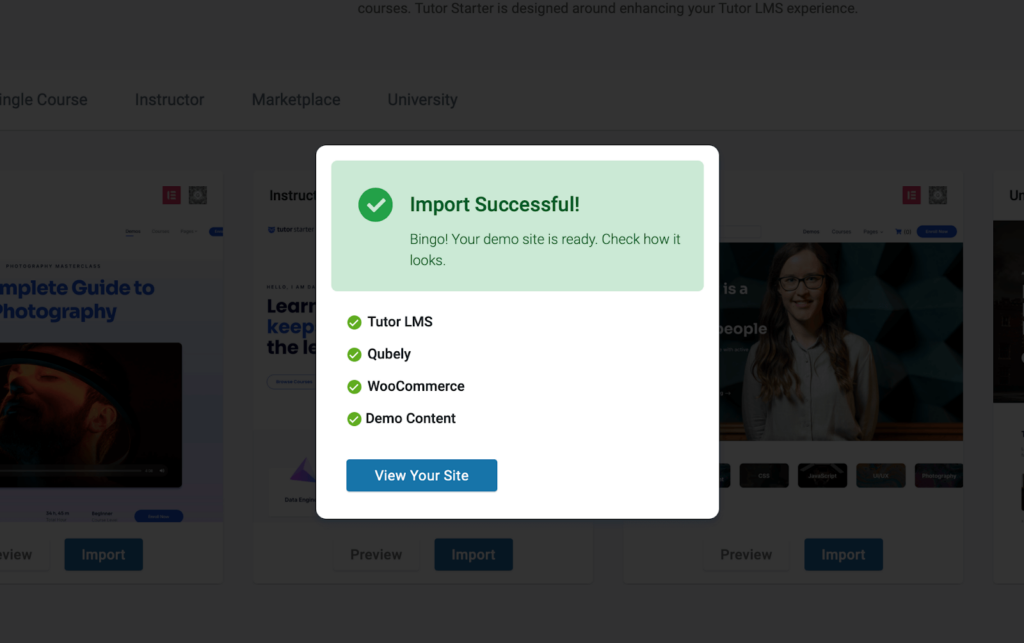 Importul site-ului demonstrativ tutorlms finalizat