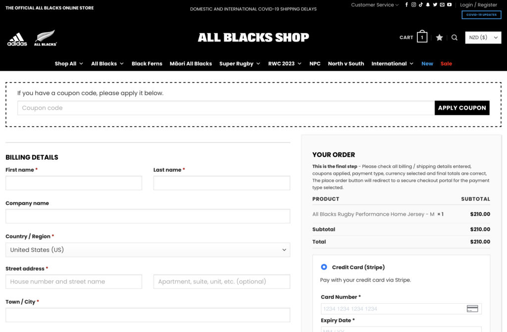 Pagina di pagamento di All Blacks Shop