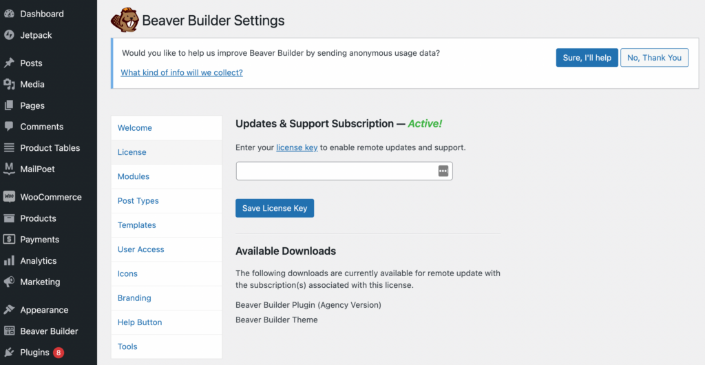 輸入您的 Beaver Builder 許可證密鑰