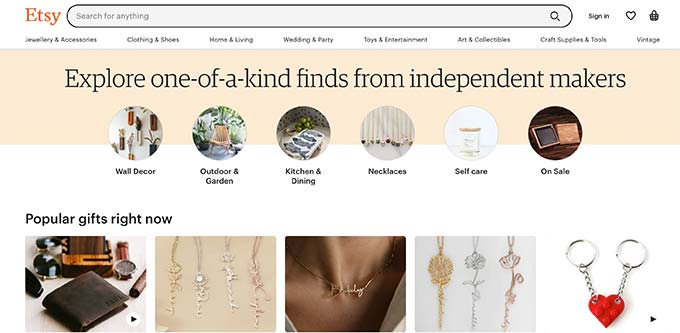 Etsy a popular multi vendor eCommerce website