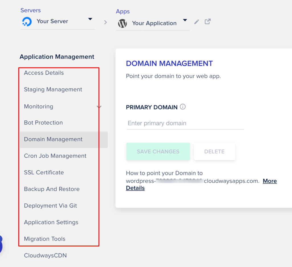 cloudways-อินเตอร์เฟซ