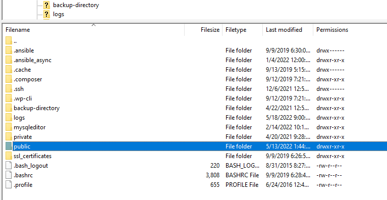 ไดเรกทอรีรากที่แสดงใน Filezilla