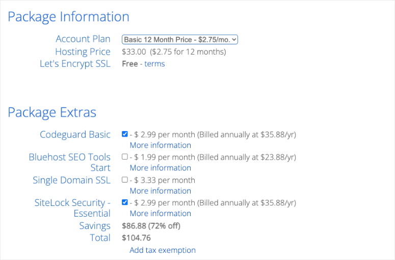 bluehost package information