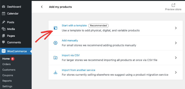 add products in woocommerce with a template