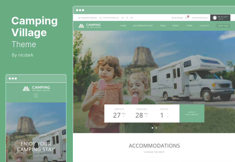 Camping Village Theme - Tema de WordPress para campamento, caravana, senderismo, tienda de campaña, alojamiento