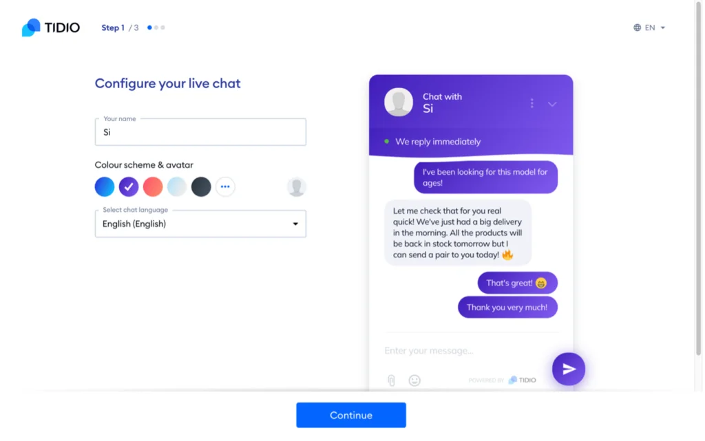 Tidio Live-Chat-Konfiguration Schritt 1/3