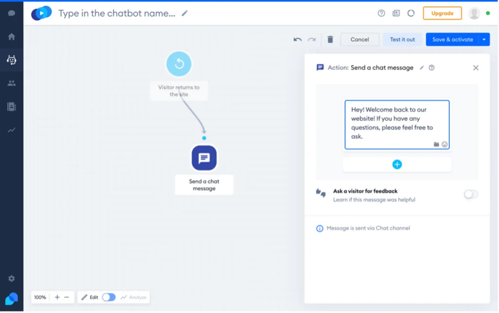 Las opciones disponibles para la acción de chatbot seleccionada