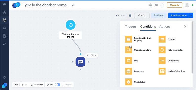 As condições disponíveis que podem ser inseridas em chatbots personalizados, juntamente com um GIF de como inseri-los e vinculá-los a um chatbot