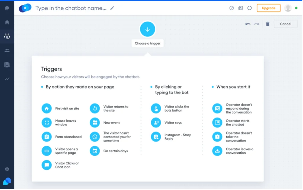 La gamma di trigger disponibili per la creazione di chatbot personalizzati