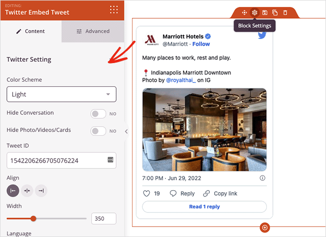 embed tweet block settings