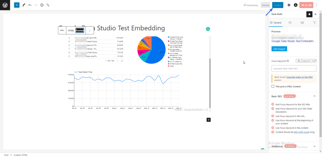 Предварительный просмотр встроенного отчета Google Data Studio