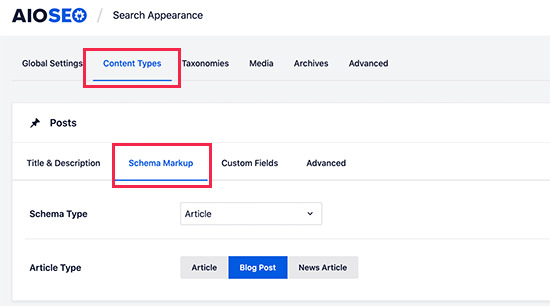 Impostazioni predefinite dello schema per i tipi di post