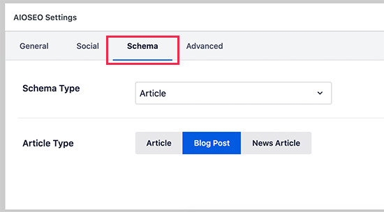 Impostazioni schema AOSEO per post o pagina