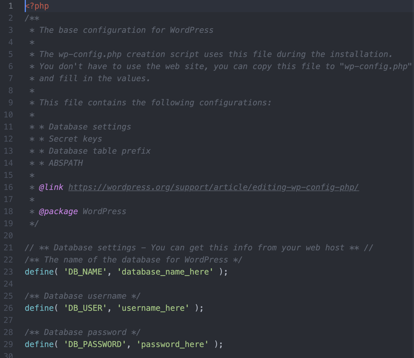 contenuto del file wp-config.php