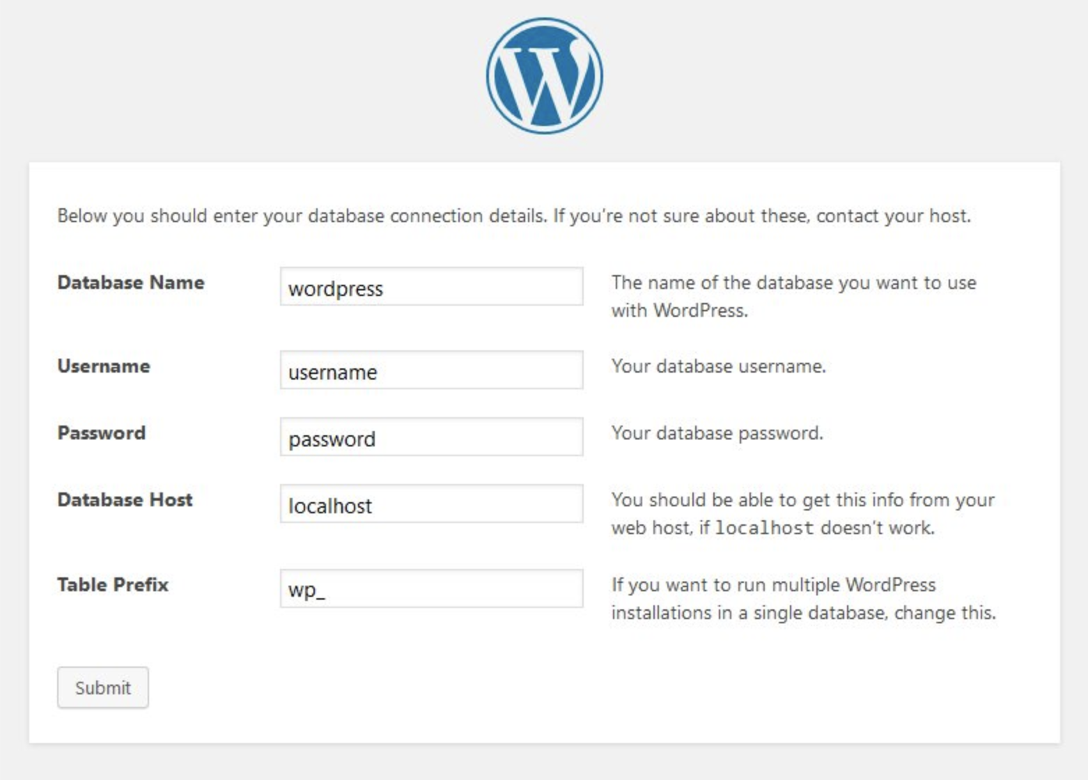 formularul de detalii de conectare la baza de date