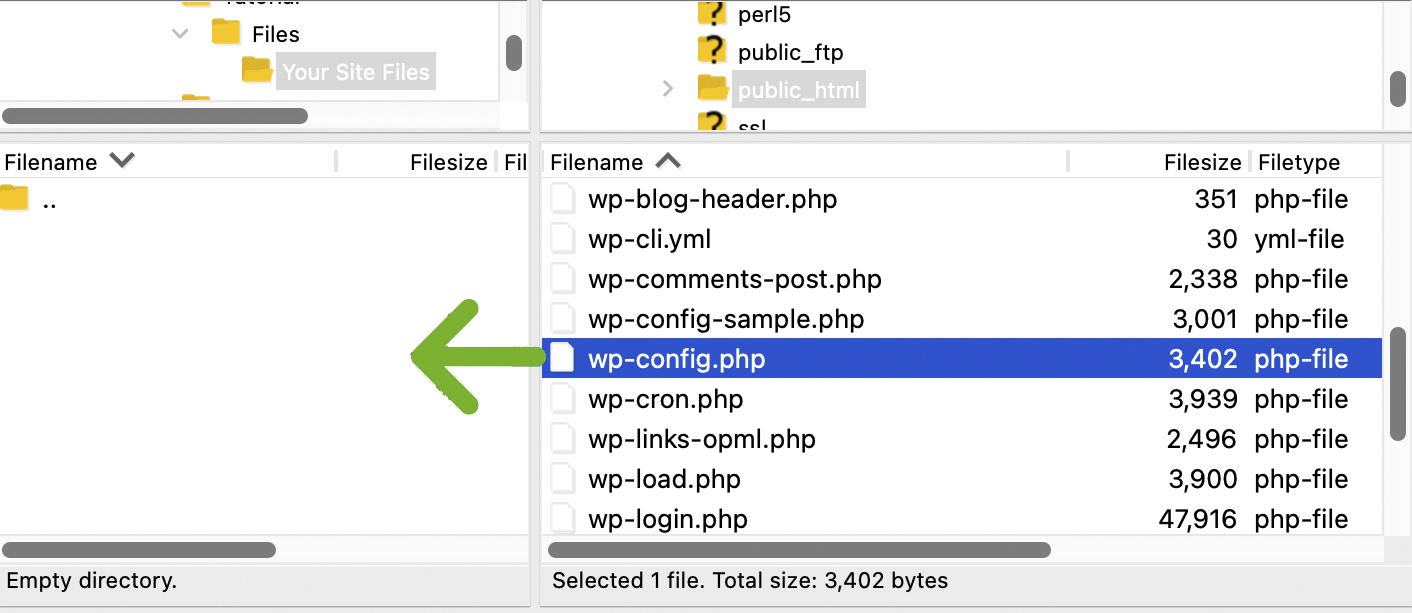 menyimpan file wp-config.php ke komputer Anda melalui ftp