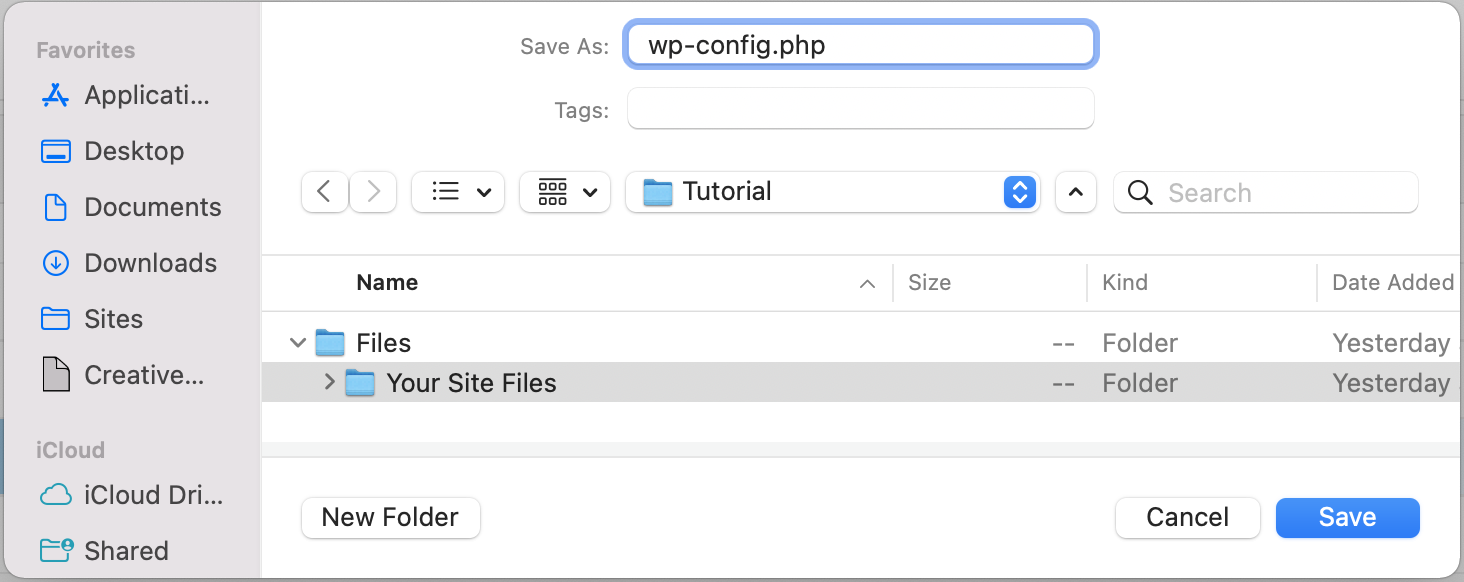 choisir un dossier pour enregistrer wp-config.php dans