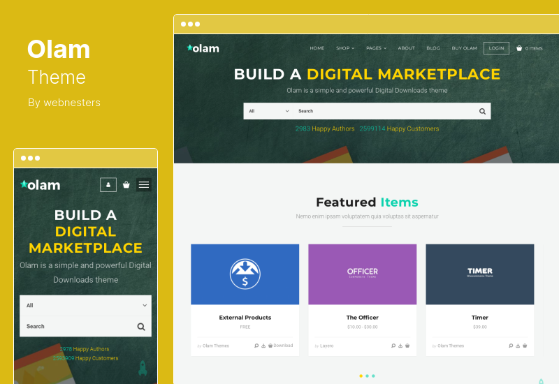 Tema Olam - Tema WordPress per Marketplace di download digitali facili