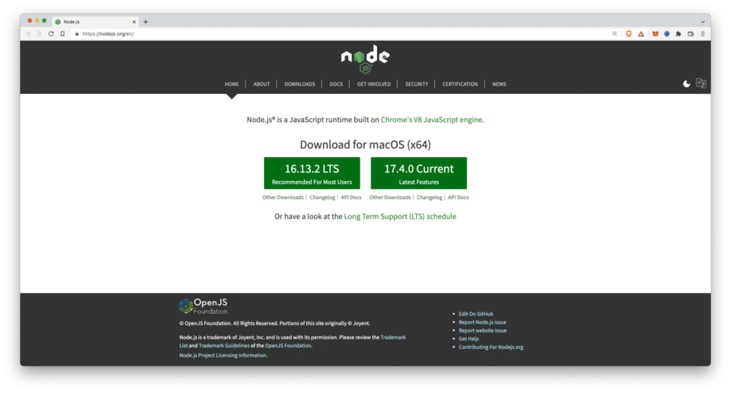 La home page del sito Web di Node.js, che mostra due pulsanti di download verdi per gli utenti macOS.