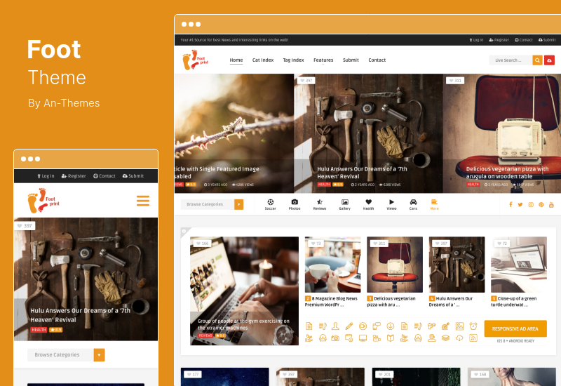 ธีมเท้า - การส่งเนื้อหาแบบกริด Front-End การแชร์เนื้อหา WordPress Theme