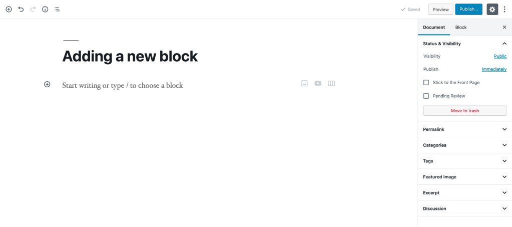 Contoh editor Blok asli di WordPress saat menambahkan blok baru.