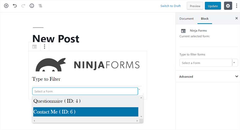 Sélectionner le formulaire dans les formulaires Ninja