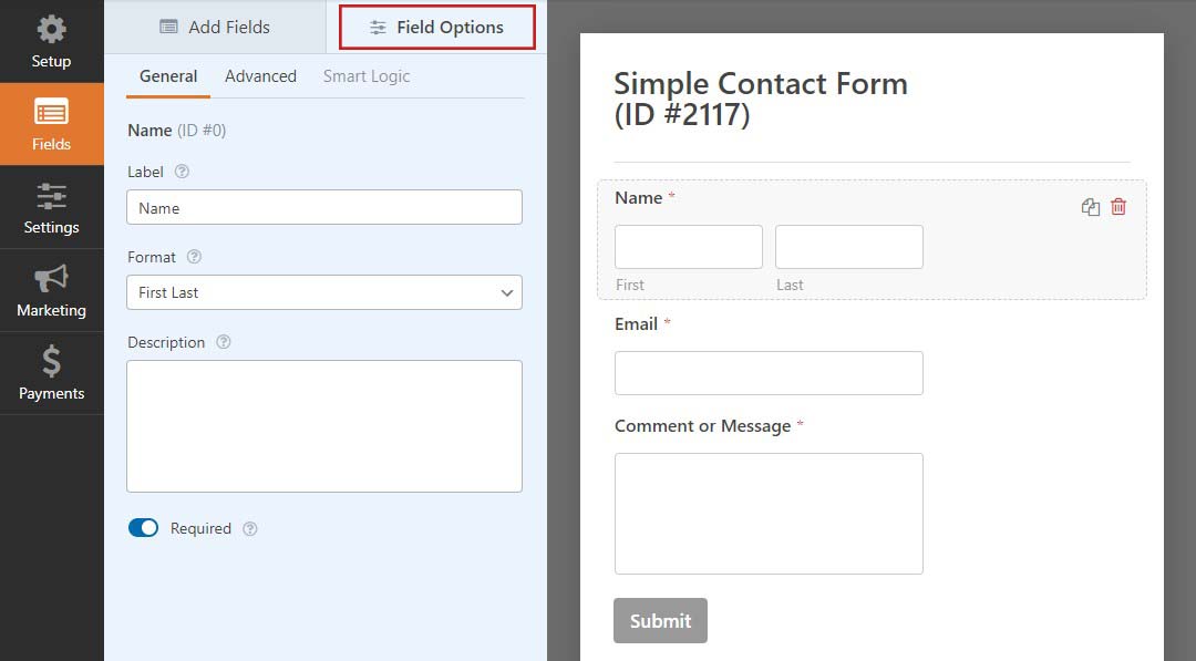 Options de champ WPForms