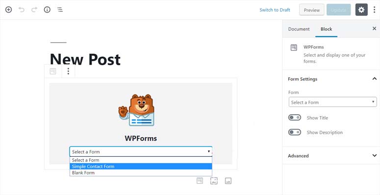 เลือกแบบฟอร์มในวิดเจ็ต WPForms