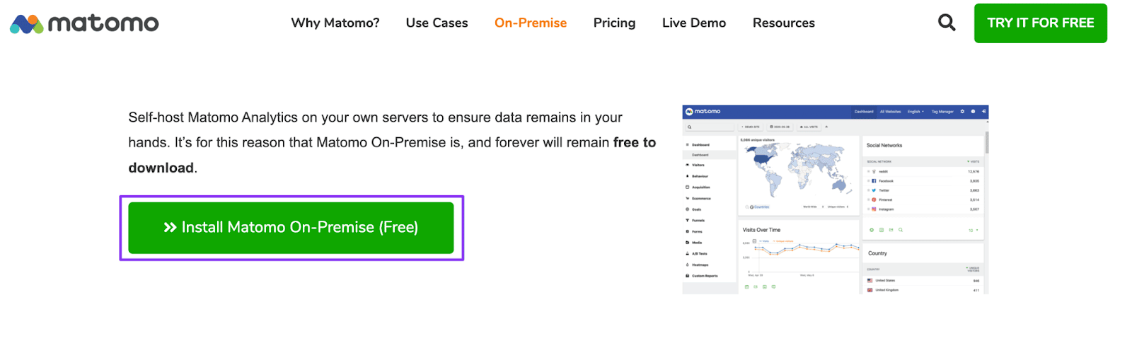 A página de download para instalar o Matomo no local