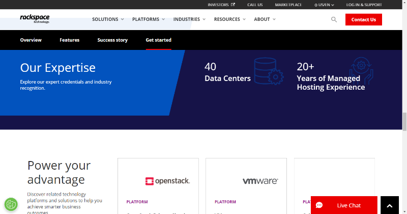 الصفحة الرئيسية لـ Rackspace