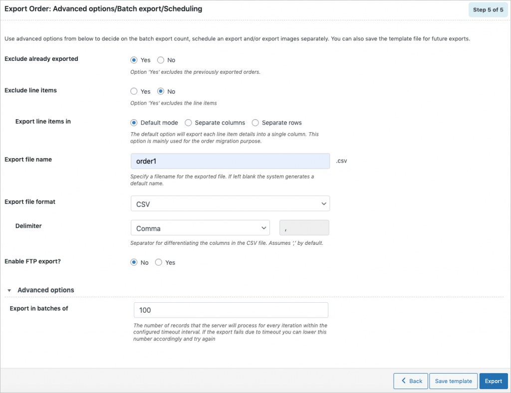 options avancées d'exportation de commandes