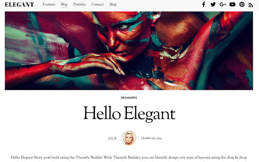 สกรีนช็อตของธีม Elegant WordPress ที่มีรูปภาพและข้อความส่วนหัวที่เป็นตัวหนา